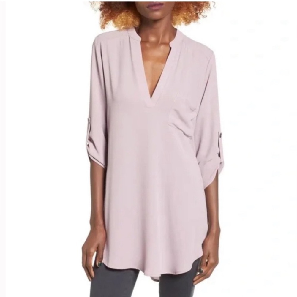 Lush Mauve Pink‎ Roll Tab Sleeve V-Neck Tunic Blouse T7131-001 Womens Small